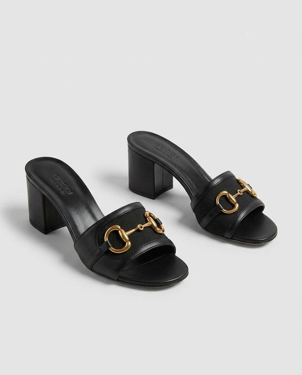 Gucci_Horsebit_Slide_Sandals_Mid_Heel_Iconic_GG_Canvas_With_OG_Box_&_Carry_Bag_1295-2_Black