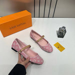 Louis Vuitton Romy Ballerina Pink Monogram Denim Ballet Cross-Strap With OG Box & Carry Bag 166-46 Pink
