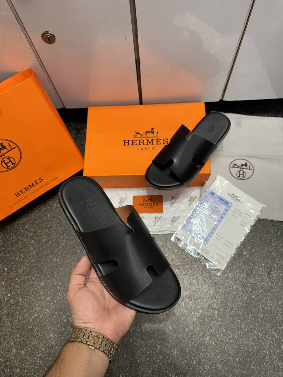 Hermes Izmir Italian Calf Leather Premium Sandal Slide Black
