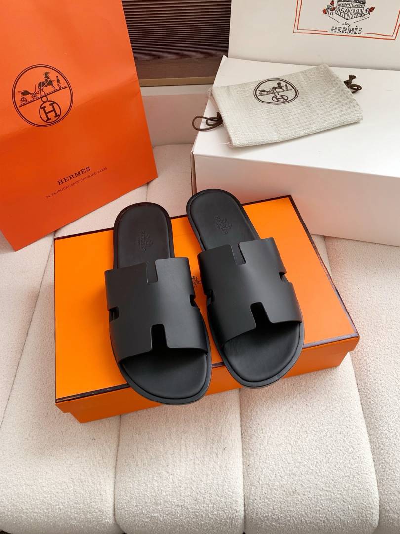 Hermes Izmir Italian Calf Leather Premium Sandal Slide Black