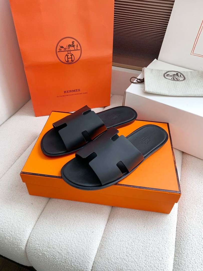 Hermes Izmir Italian Calf Leather Premium Sandal Slide Black