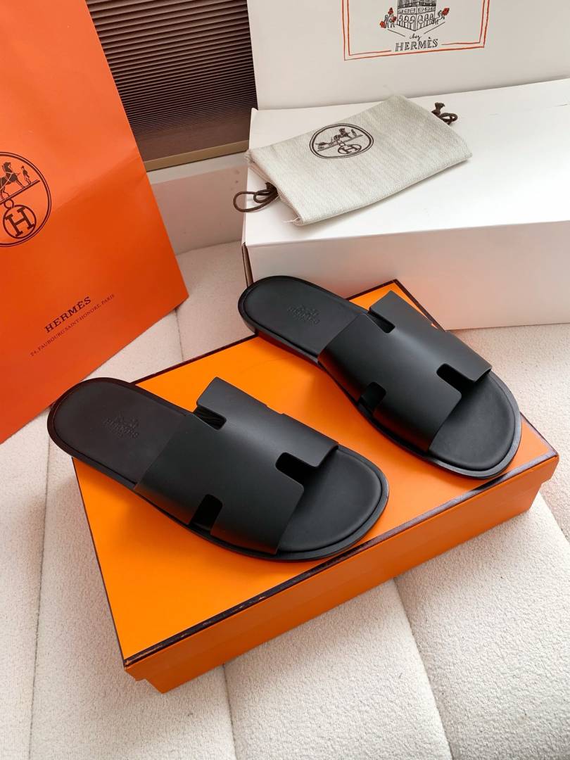 Hermes Izmir Italian Calf Leather Premium Sandal Slide Black