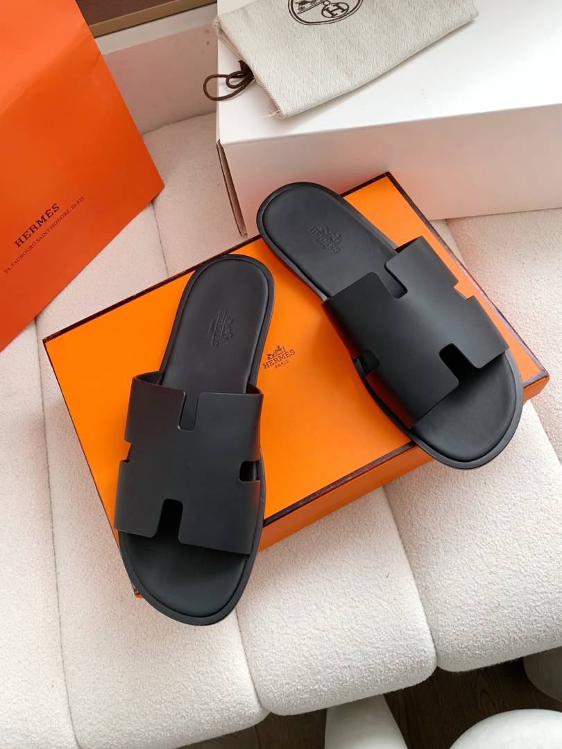 Hermes Izmir Italian Calf Leather Premium Sandal Slide Black