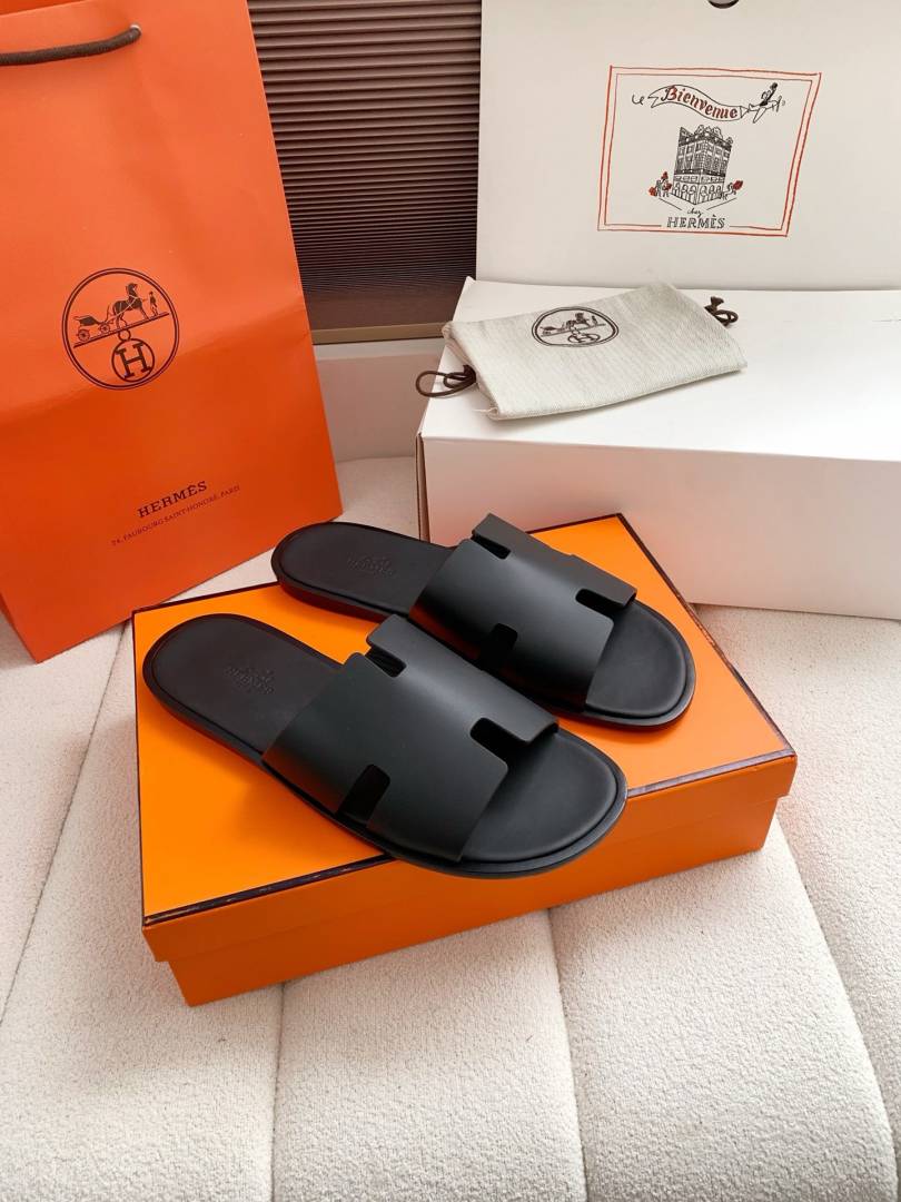 Hermes Izmir Italian Calf Leather Premium Sandal Slide Black