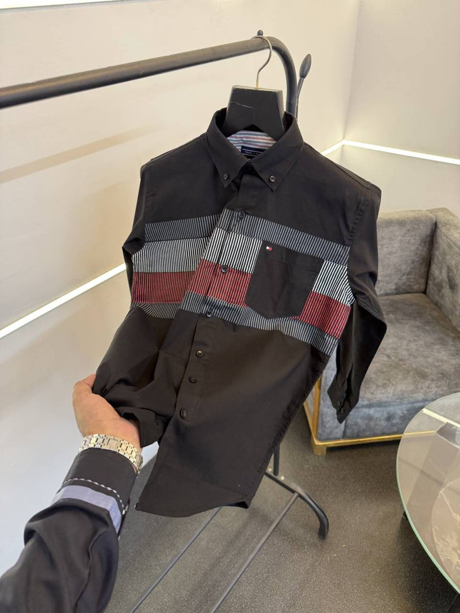 Tommy hilfigar imported front pocket shirt with brand button and embroidery logo on chest black