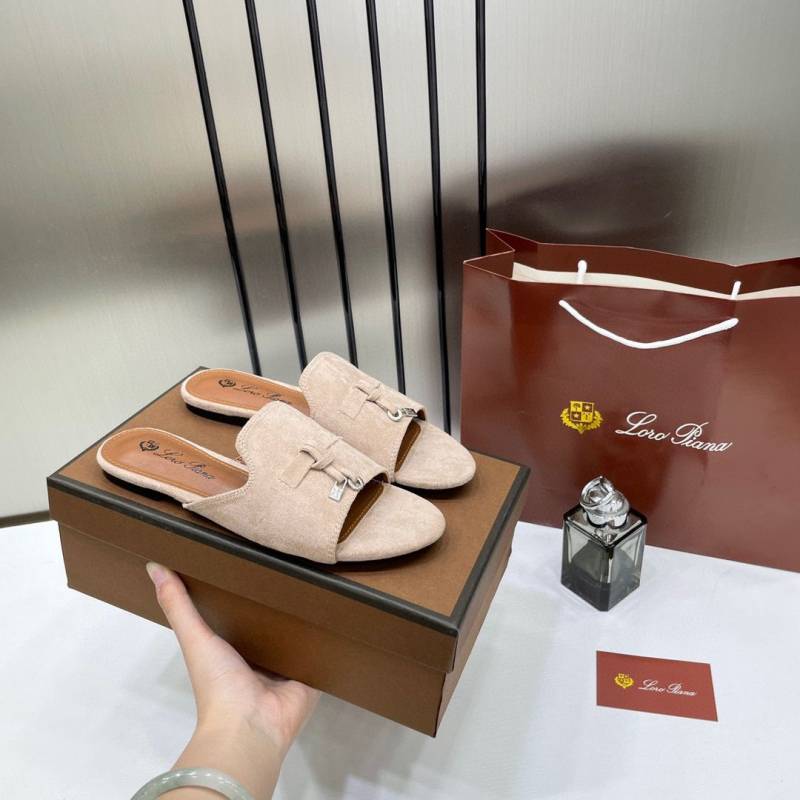Loro Piana Summer Charms Apricot suede Flat Slides For Her With OG Box Apricot