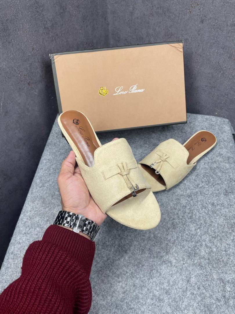 Loro Piana Summer Charms Apricot suede Flat Slides For Her With OG Box Apricot