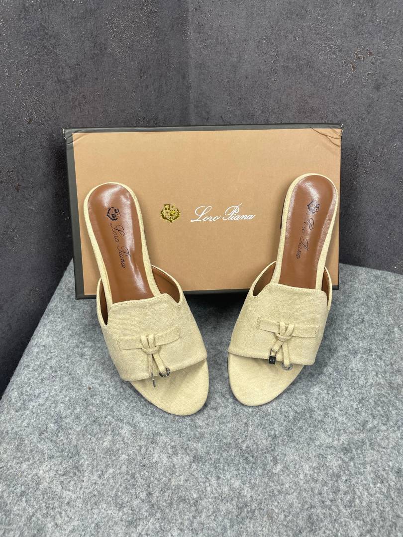 Loro Piana Summer Charms Apricot suede Flat Slides For Her With OG Box Apricot