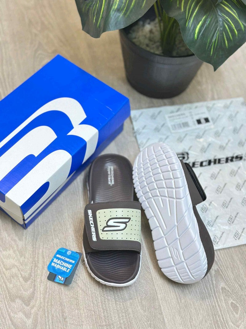 Skechers Go Recover Adjust Premium Brown White Slides