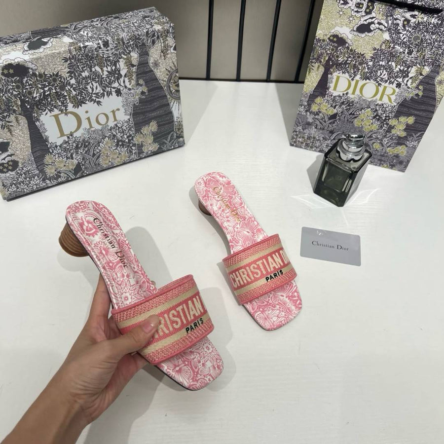 Christian Dioor Dway Heeled Slide Signature Embroidered Pink With OG Box & Carry Bag 755-1 Pink