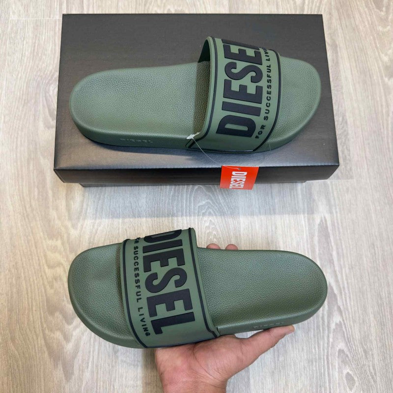 Diesel Mayemi Logo Embossed Green Black Slides