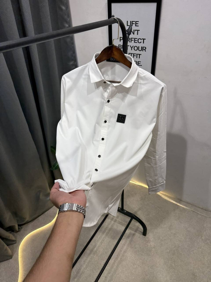 Hugo bos tukey imported shirt with brand button and logo on chest white