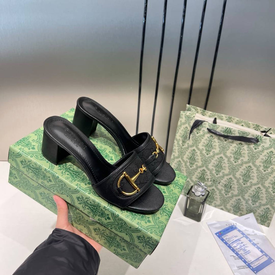 Gucci_Horsebit_Slide_Sandals_Mid_Heel_Iconic_GG_Canvas_With_OG_Box_&_Carry_Bag_1295-2_Black