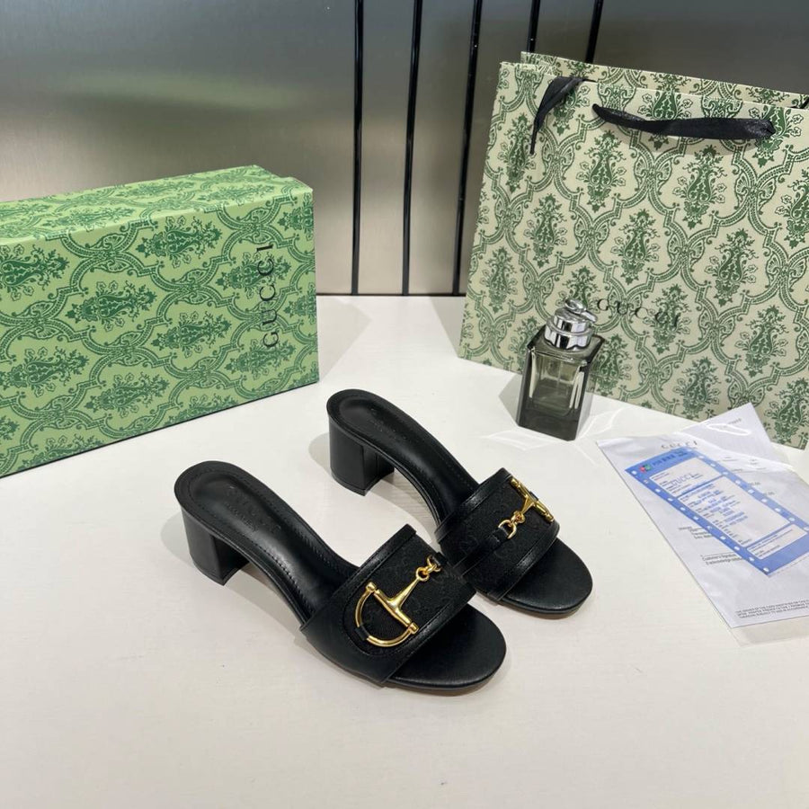 Gucci_Horsebit_Slide_Sandals_Mid_Heel_Iconic_GG_Canvas_With_OG_Box_&_Carry_Bag_1295-2_Black