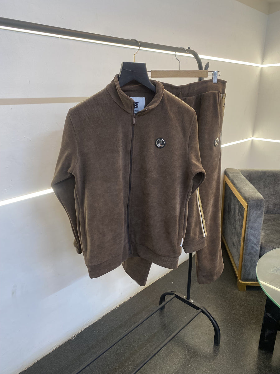 Burberry heavy gsm zipper track suit with premium steel logo and brand strip brown
