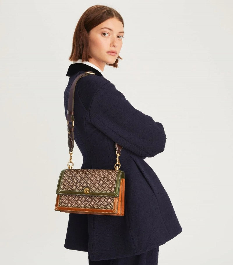 Tori Burch_T Monogram Premium Leather Shoulder Bag With OG Box & Dust Bag & Accessories (Brown - 201)