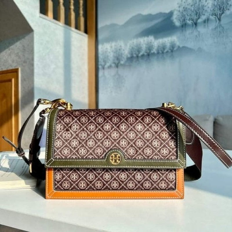Tori Burch_T Monogram Premium Leather Shoulder Bag With OG Box & Dust Bag & Accessories (Brown - 201)