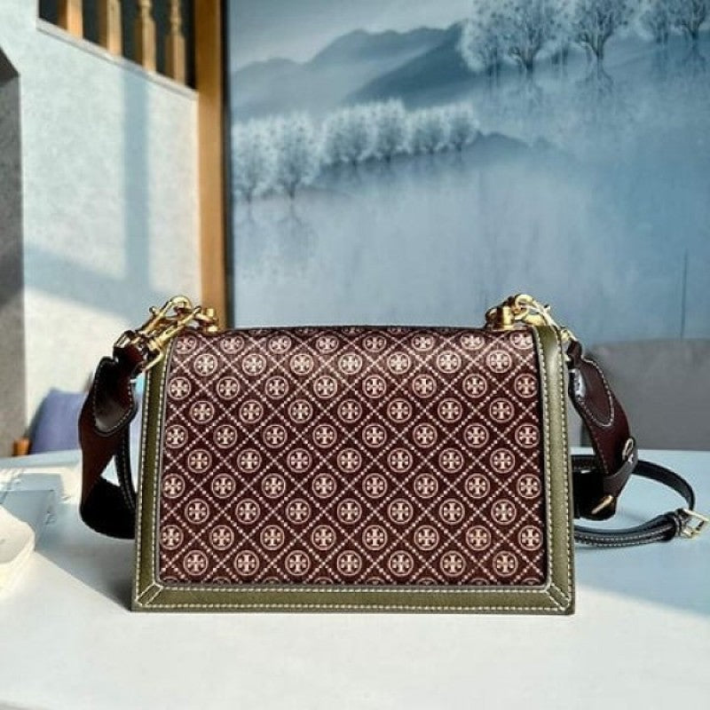 Tori Burch_T Monogram Premium Leather Shoulder Bag With OG Box & Dust Bag & Accessories (Brown - 201)