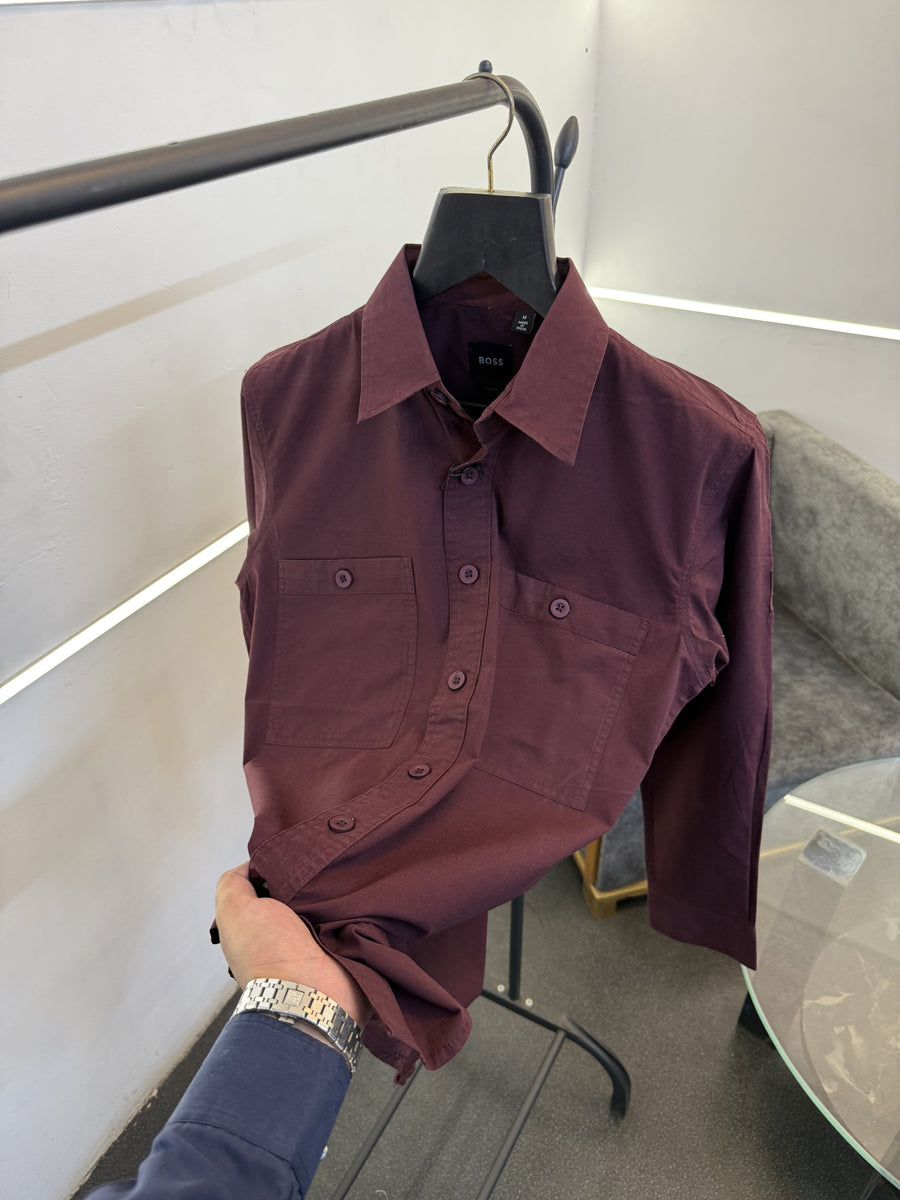 Hugo bos cargo double pocket imported shirt with embroidery logo on sleeves maroon