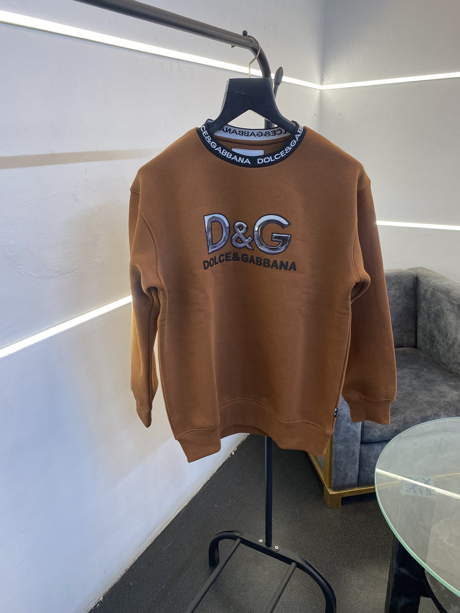 Dolce Gabana heavy gsm fleece fabric round neck sweatshirt with imported brand gloss print on front with knitted collar strip brown