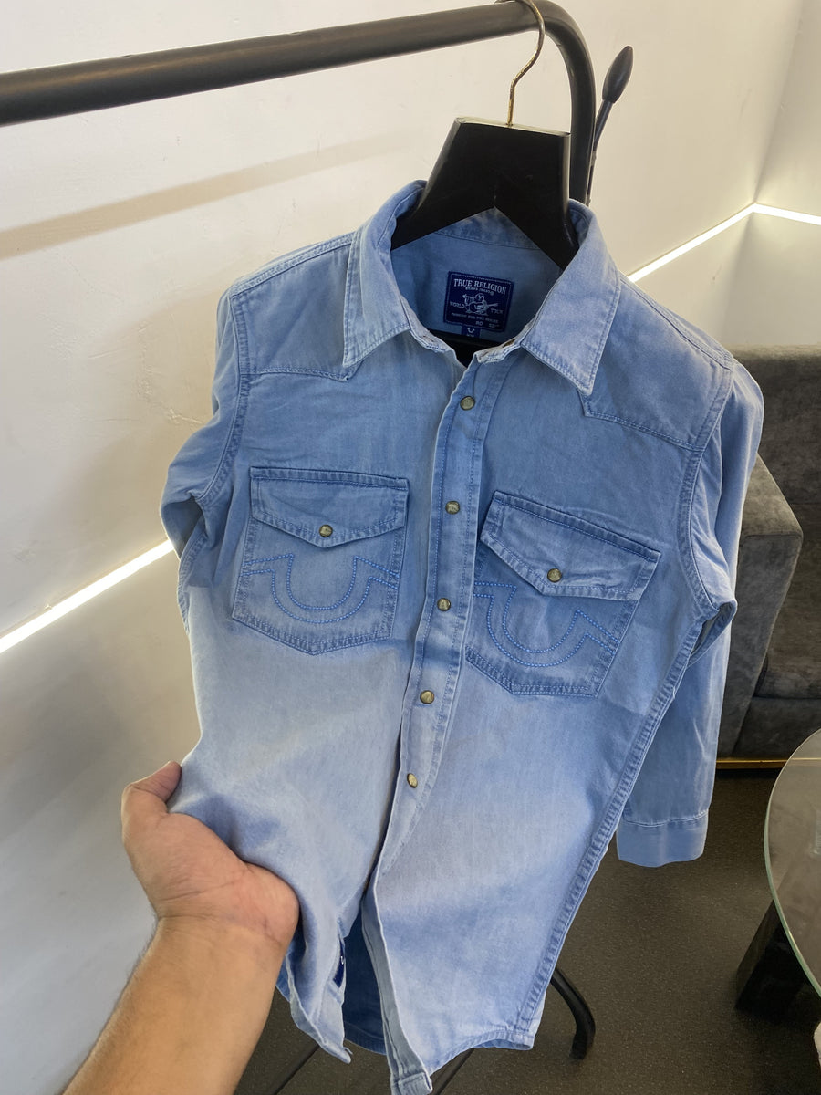 02 True religion snap button denim shirt sky blue