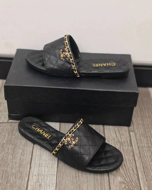 Chanel Chain Leather Slide With OG Box & Dust Bag (Black - 1074)