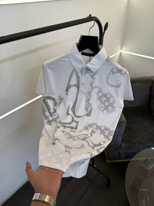 Louis Vuitton embossed and laser print imported polo tshirt white