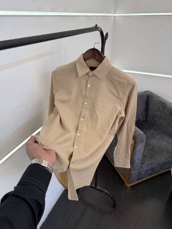 Hugo bos beige imported linen fabric shirt with embroidery logo