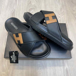 Hermes Criss-Cross Strap Premium Leather Black Slides