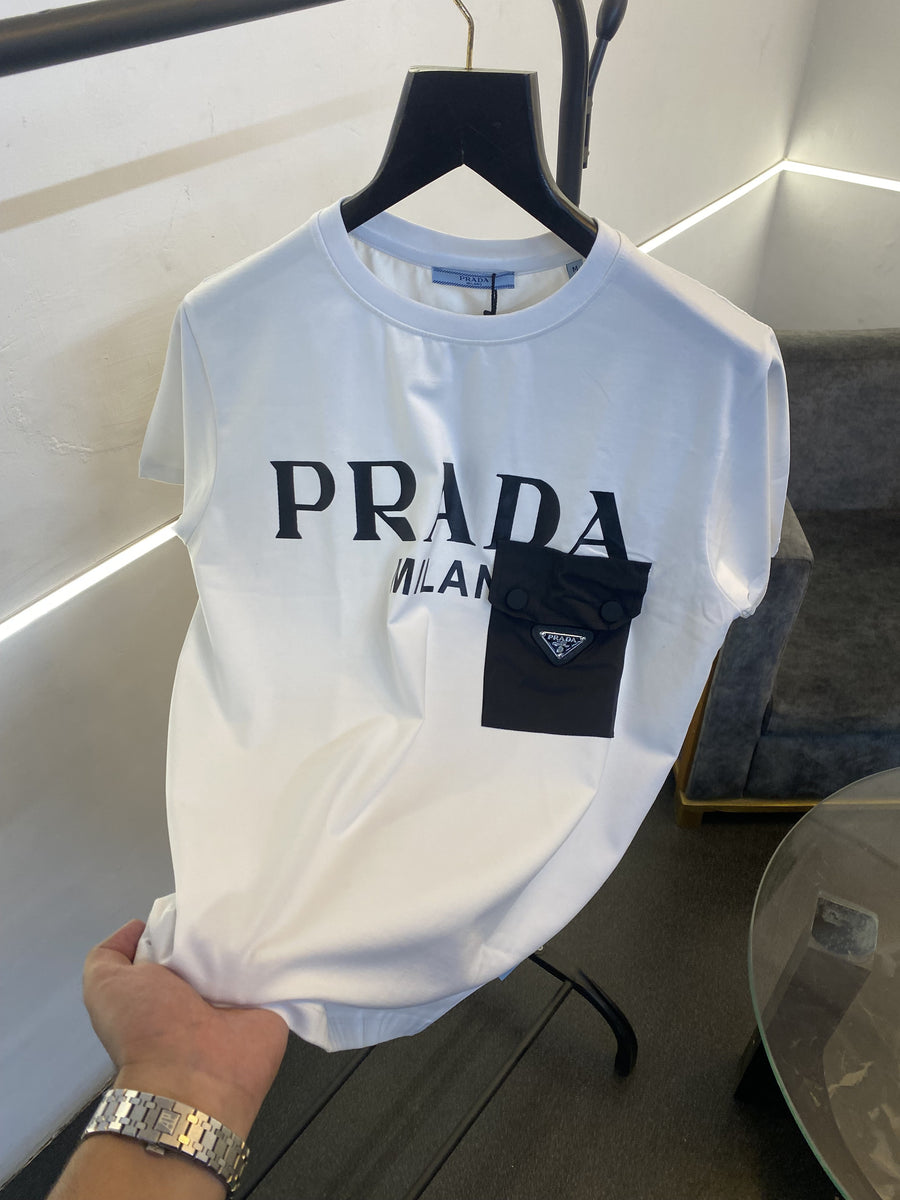 Prada turkey imported front pocket and print imported round neck tshirt white sale