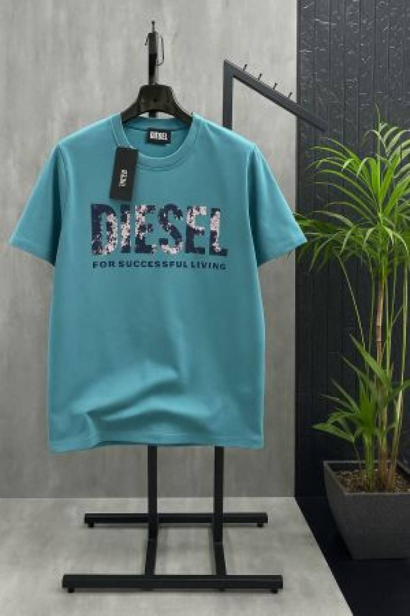 SALE Diesal Middle Brand Logo Round Neck T-shirt Sea Blue
