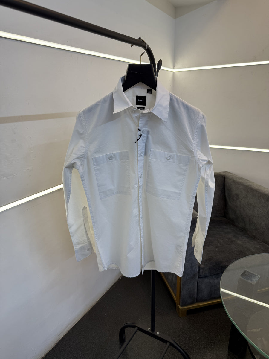 Hugo bos cargo double pocket imported shirt with embroidery logo on sleeves white