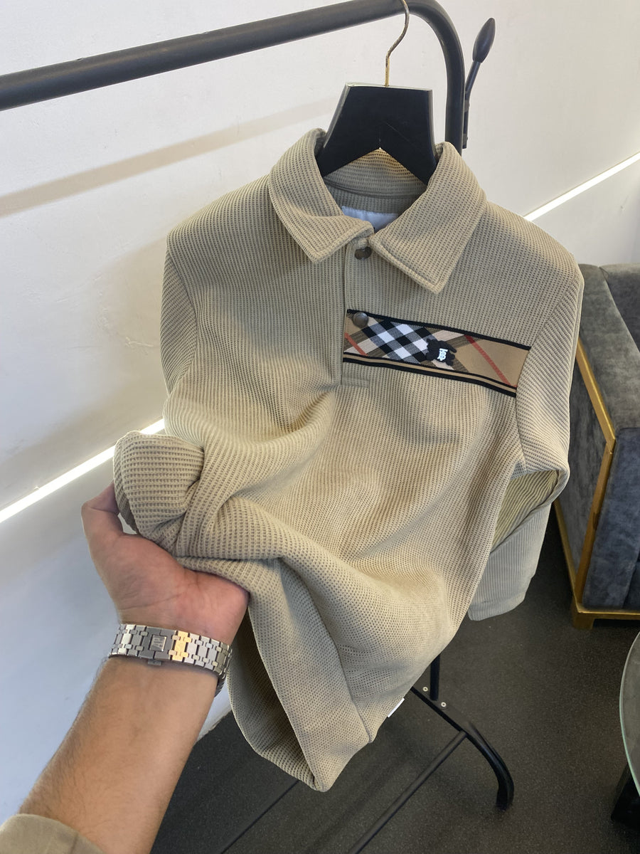 Burberry self knitted imported sweatshirt with brand strip metal logo and brand buttons beige