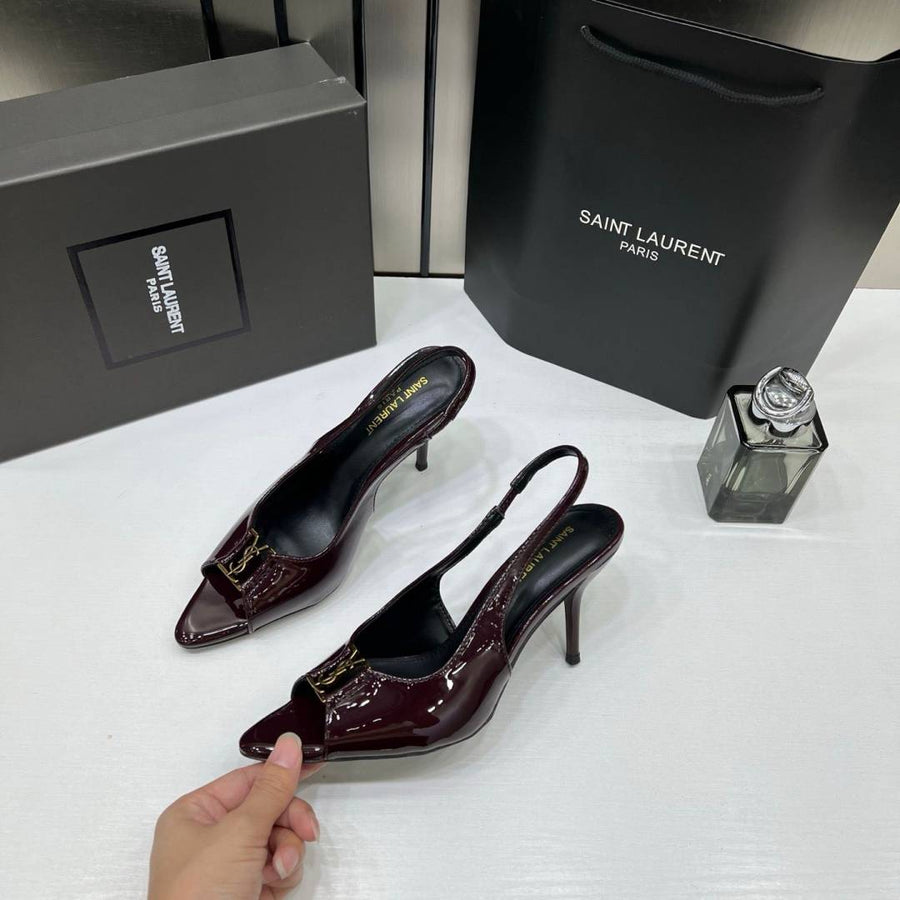 Ysl Saint Laurent Wine Patent Leather Slingback Heels With OG Box & Carry Bag Wine Patent A19