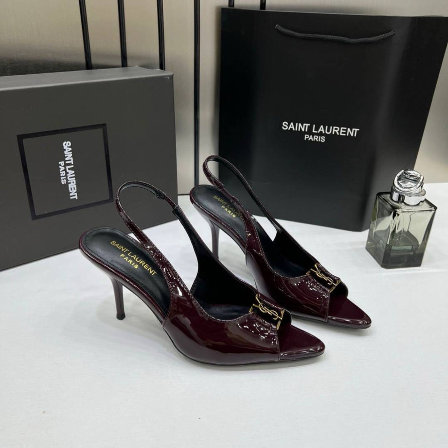 Ysl Saint Laurent Wine Patent Leather Slingback Heels With OG Box & Carry Bag Wine Patent A19