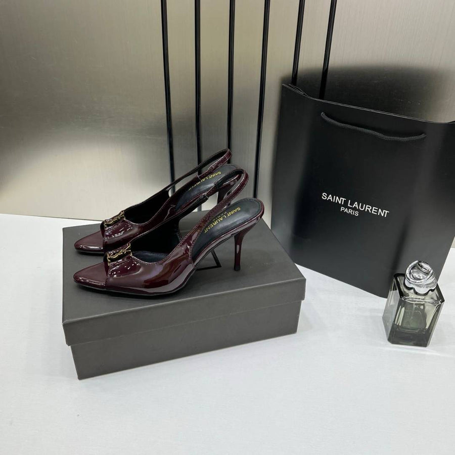 Ysl Saint Laurent Wine Patent Leather Slingback Heels With OG Box & Carry Bag Wine Patent A19