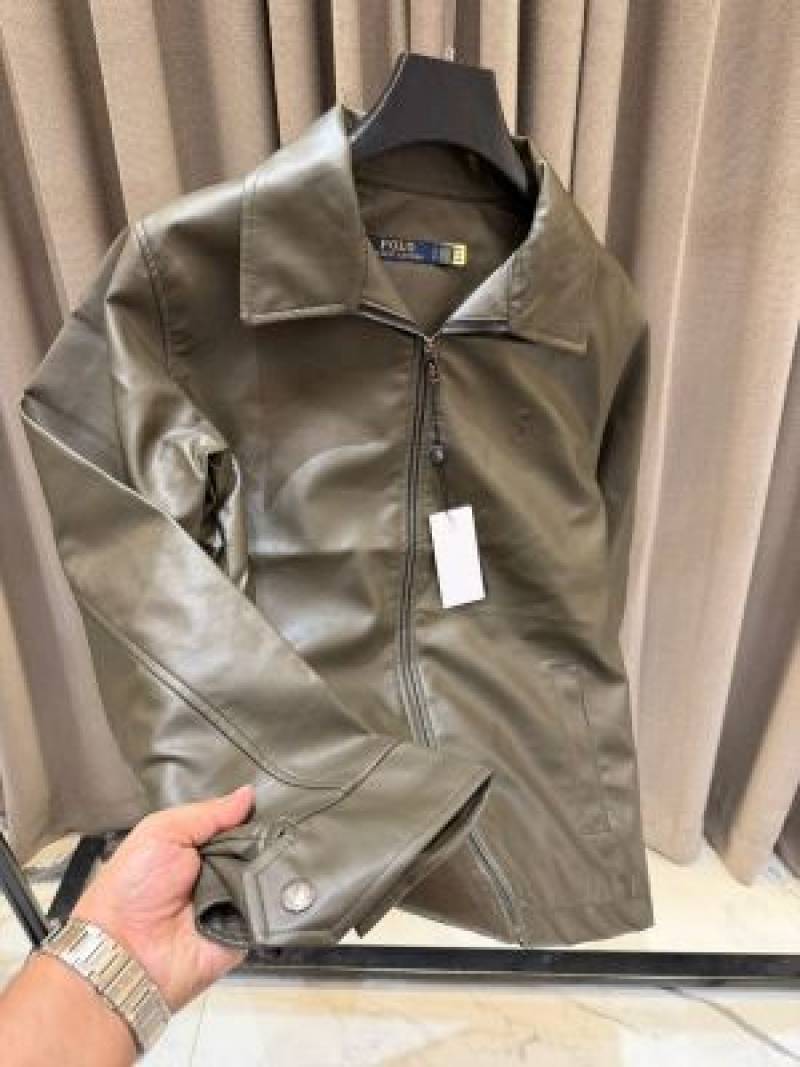Ralph Lauren Chest Logo Leather Jacket Army Green