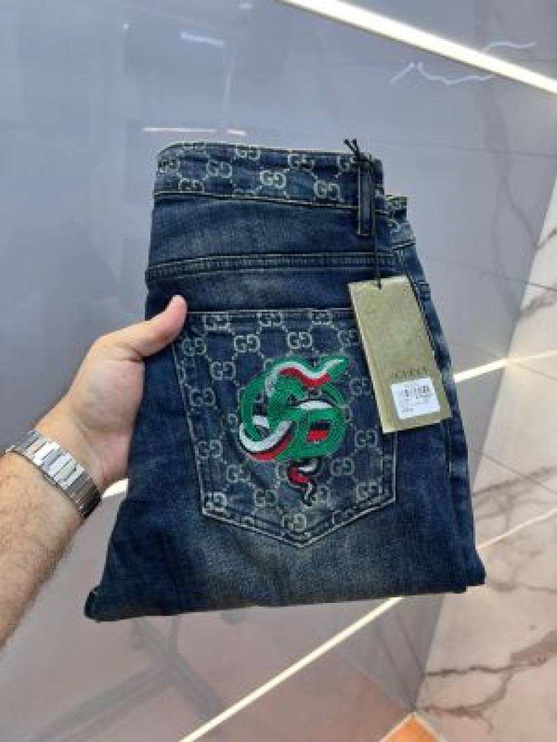 Gucci Blue Shade Premium Imported Stretchable Lycra Fabric Straight Fit Denim with Embroidered Design Sale Offer 3489