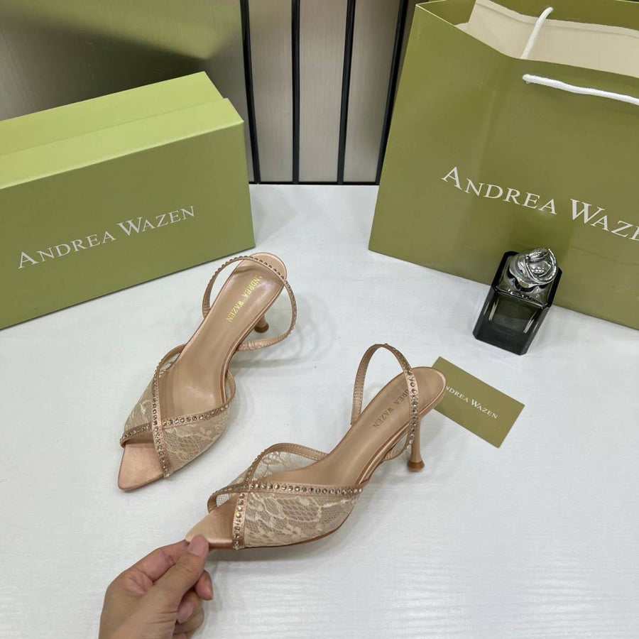 Andrea Wazen Apricot Katy 105 Slingback Pumps black Satin Mesh Rhinestone With OG Box & Carry Bag