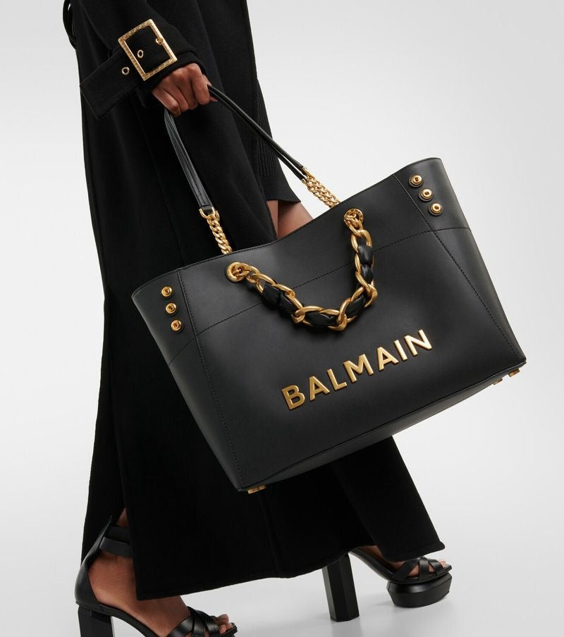 Balmain Logo Plaque Leather Black Large Tote With DustCover