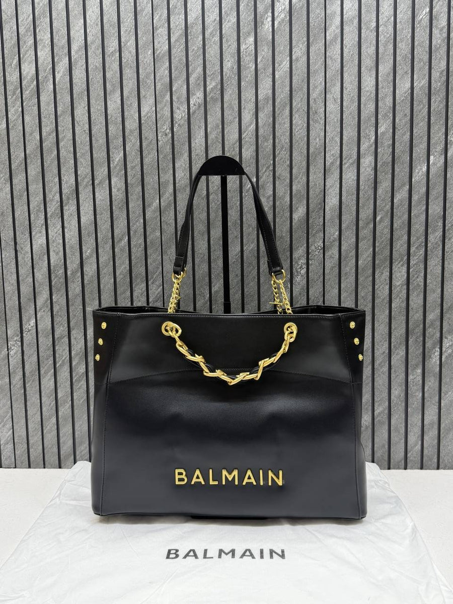Balmain Logo Plaque Leather Black Large Tote With DustCover