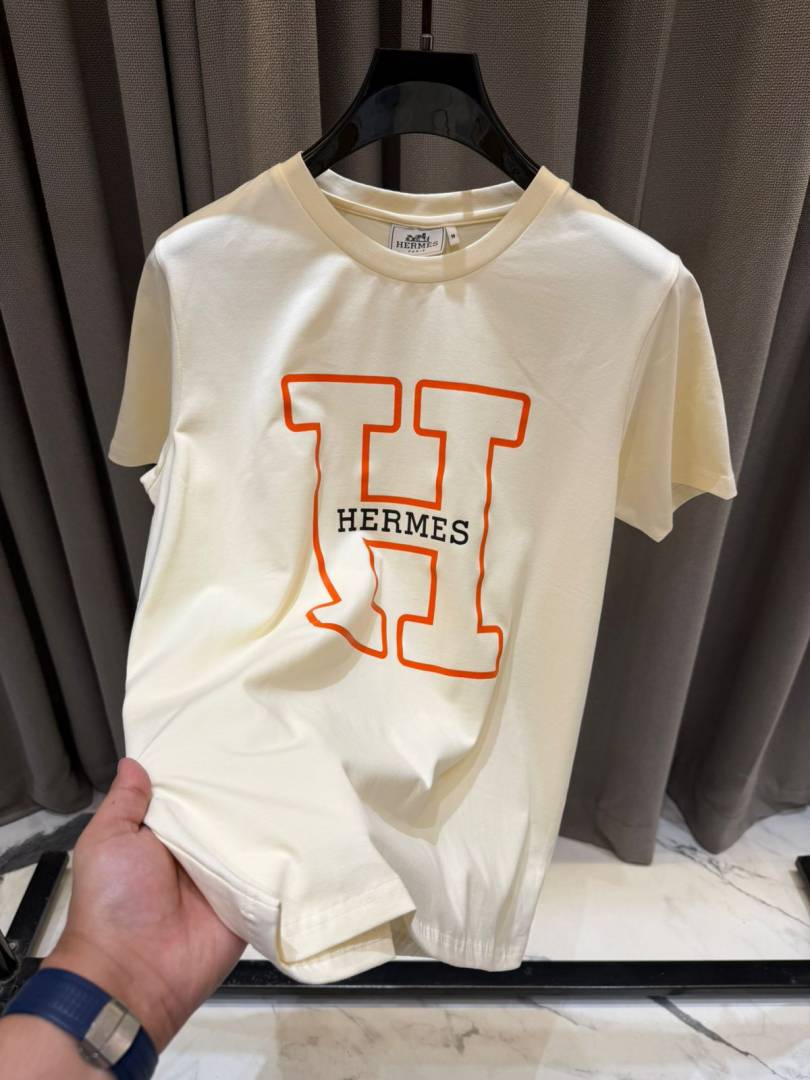 Hermes Middle Brand Print Round Neck T-shirt Cream