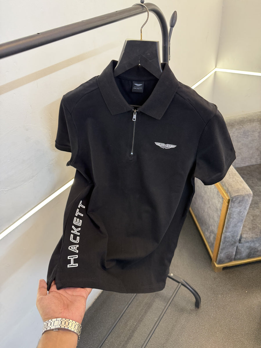 Hackett black imported polo tshirt with zip and cross brand name print sale