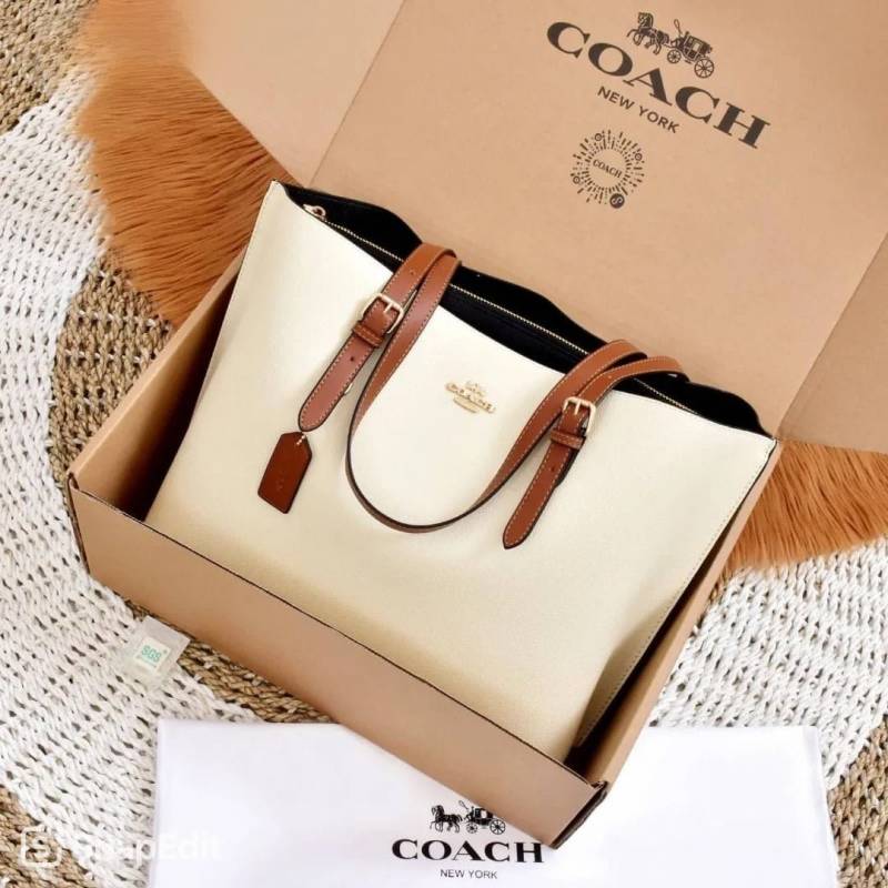 Coach Mollie Premium Leather Tote Bag With OG Box & Dust Bag (White - 1199)