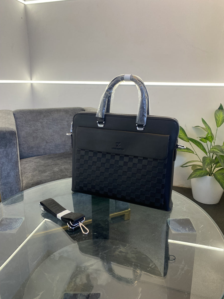Louis Vuitton monogram front pocket with double zip and back zip pocket laptop bag black