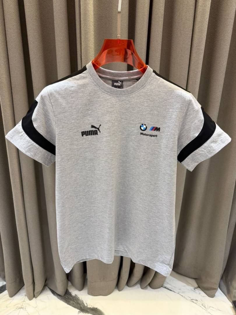 BMW Chest Logo Round Neck T shirt Grey