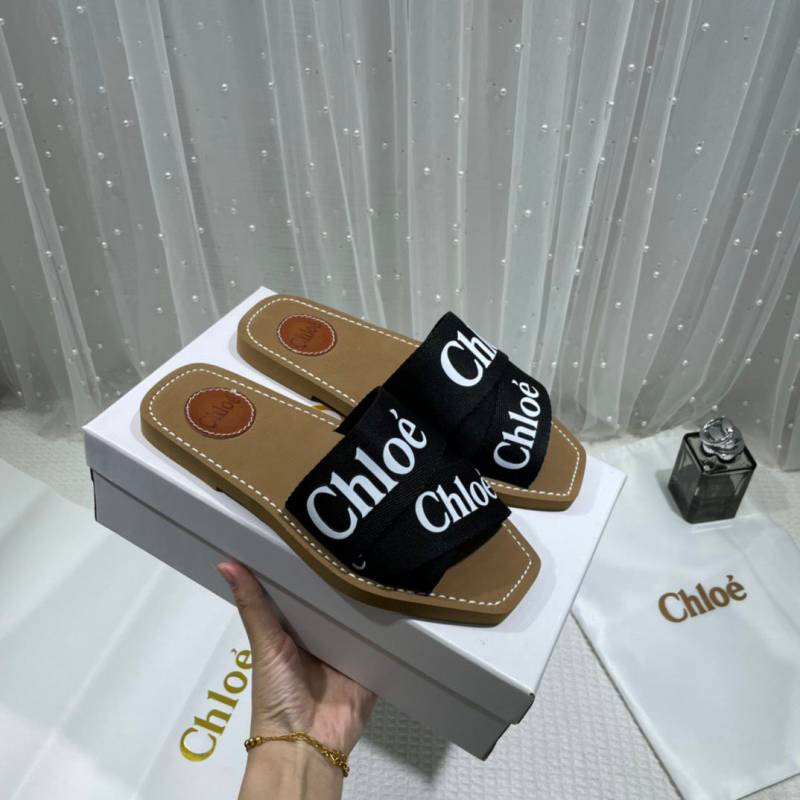 Chloe Premium Woody Slides Flat With OG Box Dust Cover Black