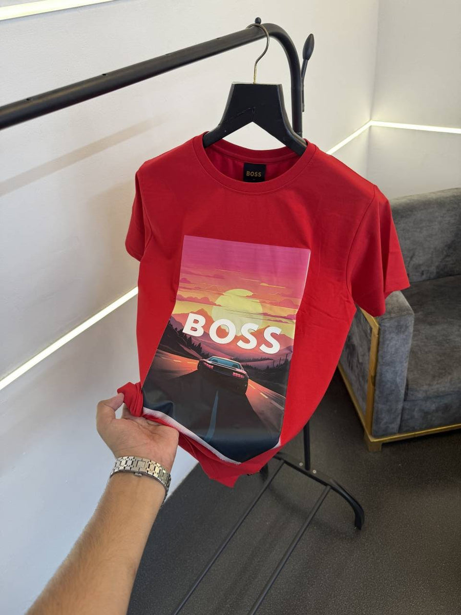 Hugo bos turkey imported heavy print and patch round neck tshirt red sale