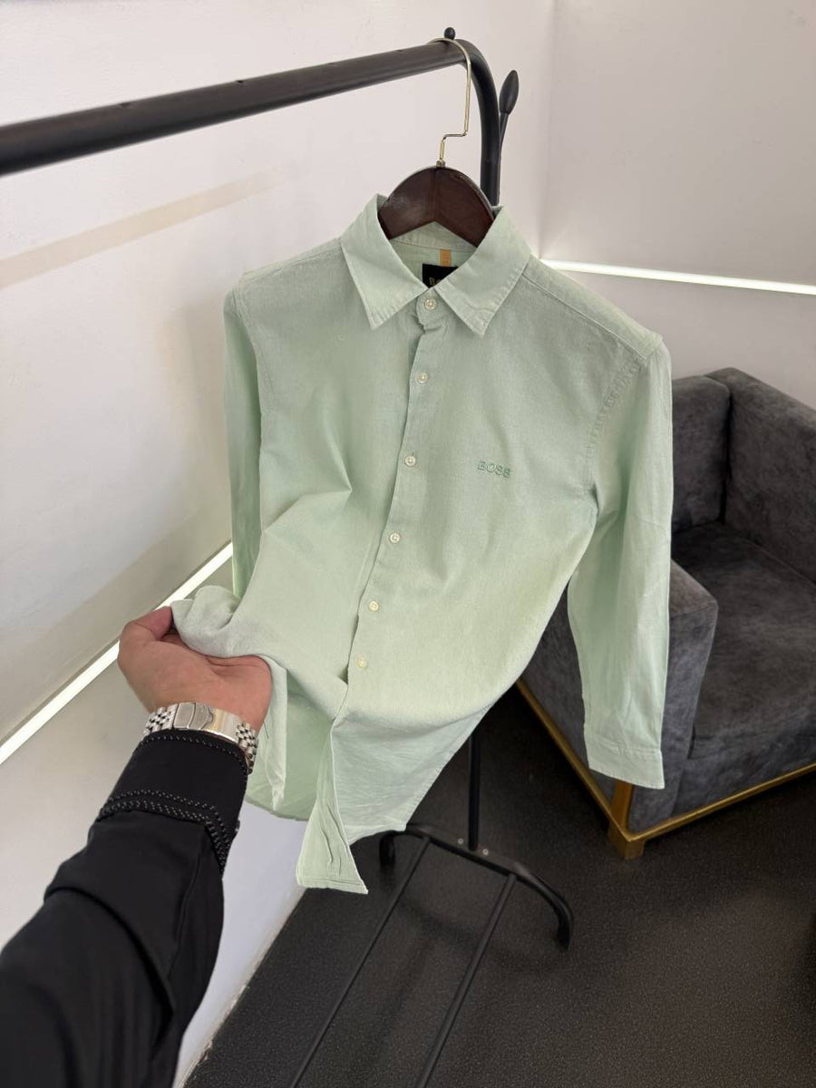 Hugo bos aqua green imported linen fabric shirt with embroidery logo