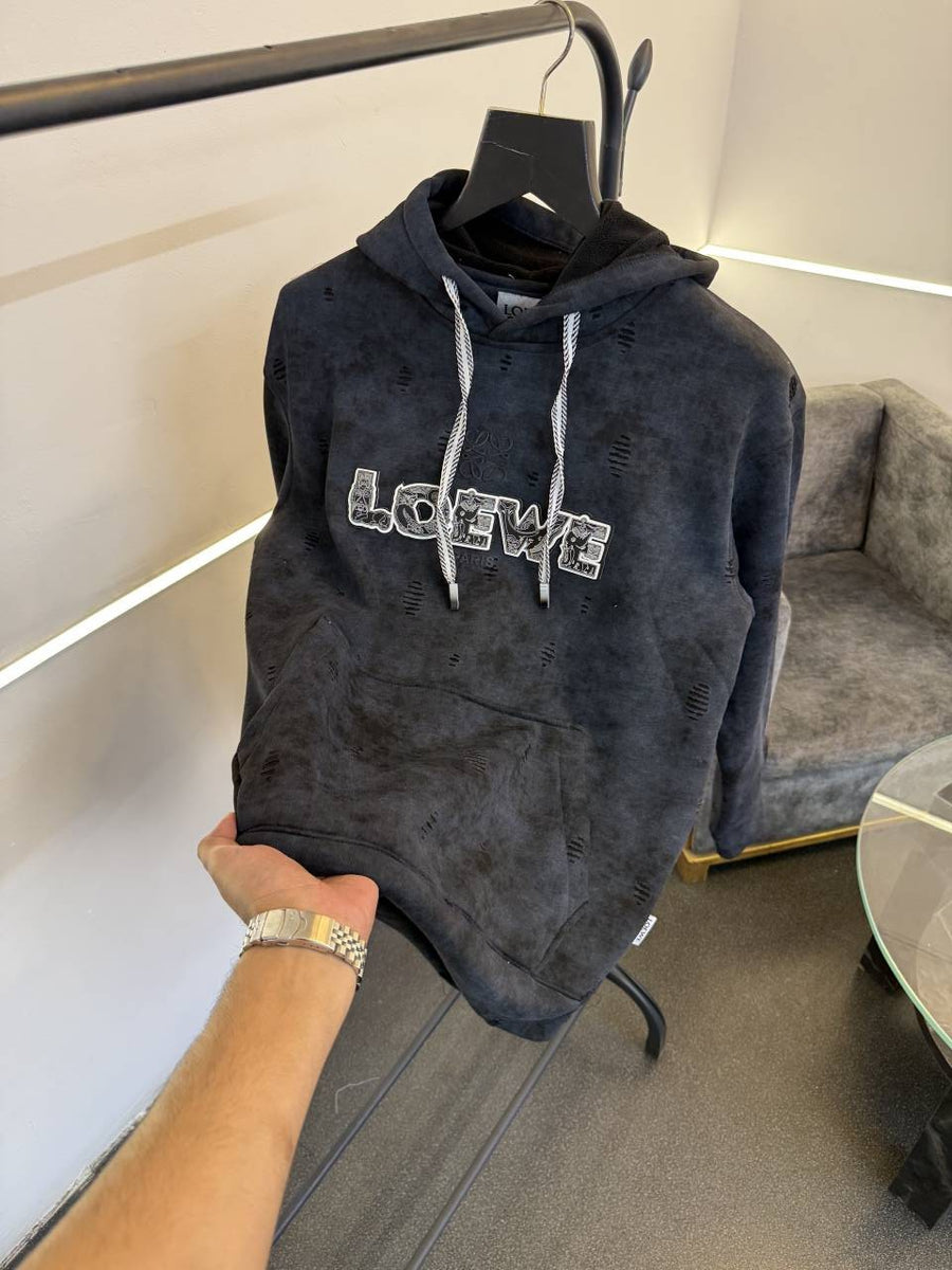 Loewe shadow print cut work imported hoodie blue